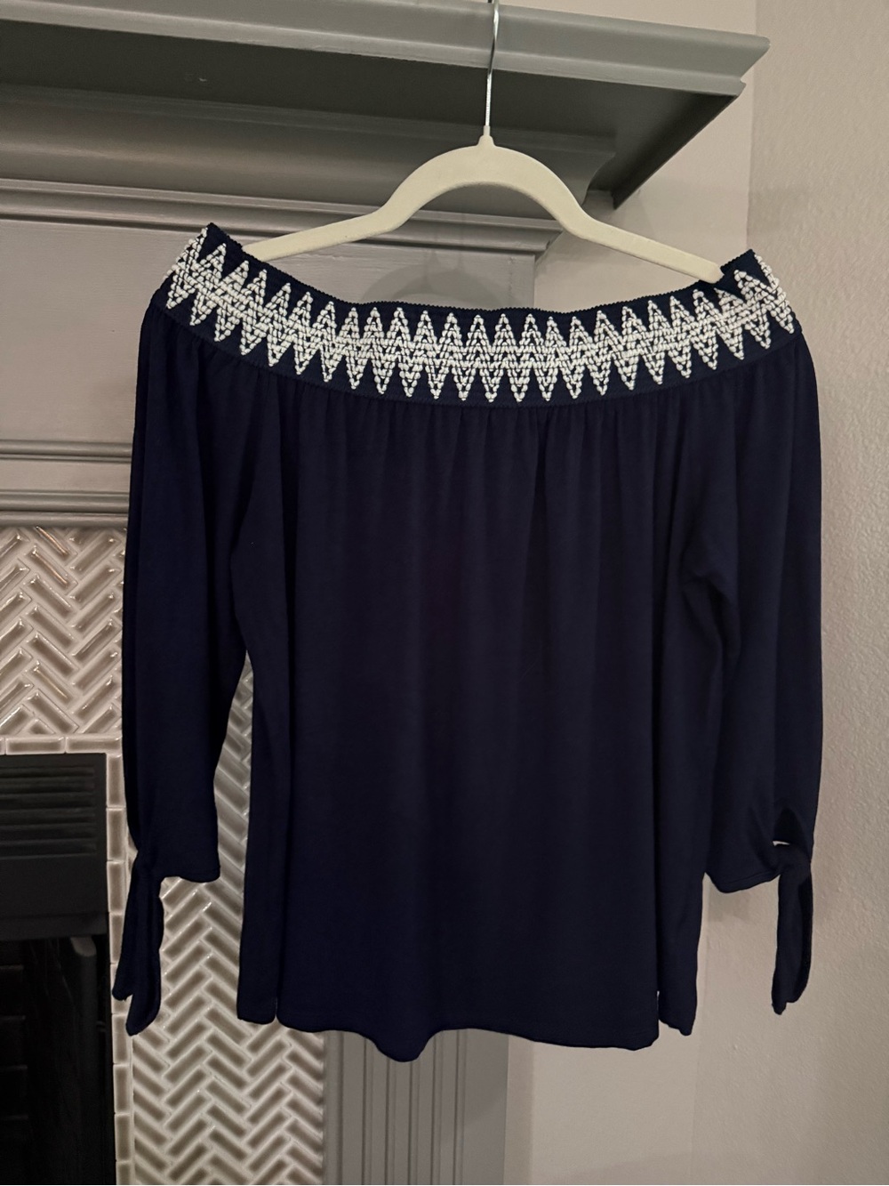 pebble and stone Navy Off-Shoulder Tunic with White Embroidered Yoke